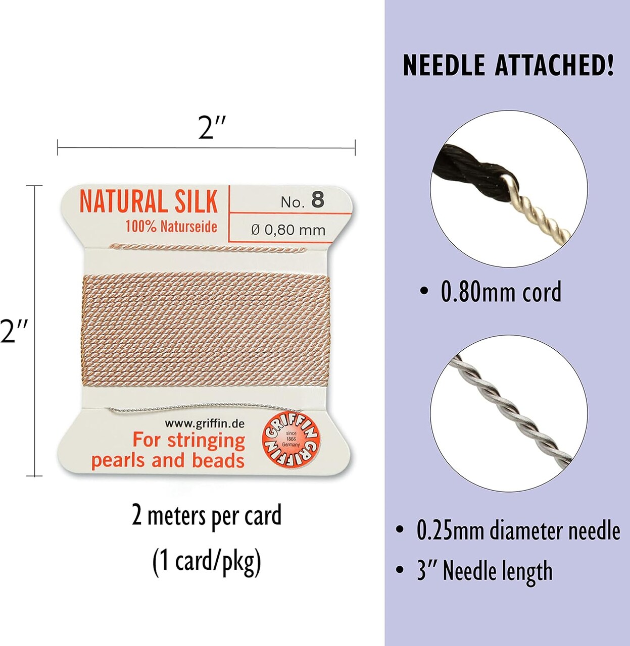 Griffin Silk Bead Cord Perlseide – Size 8 (0.80mm) – 2 Meters per Card – Stainless Steel Needle Attached – for Knotting Pearls, Gemstones, Crystals and Beads